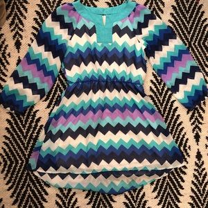 Chevron striped quarter sleeve blue navy white purple black Vneck high low dress